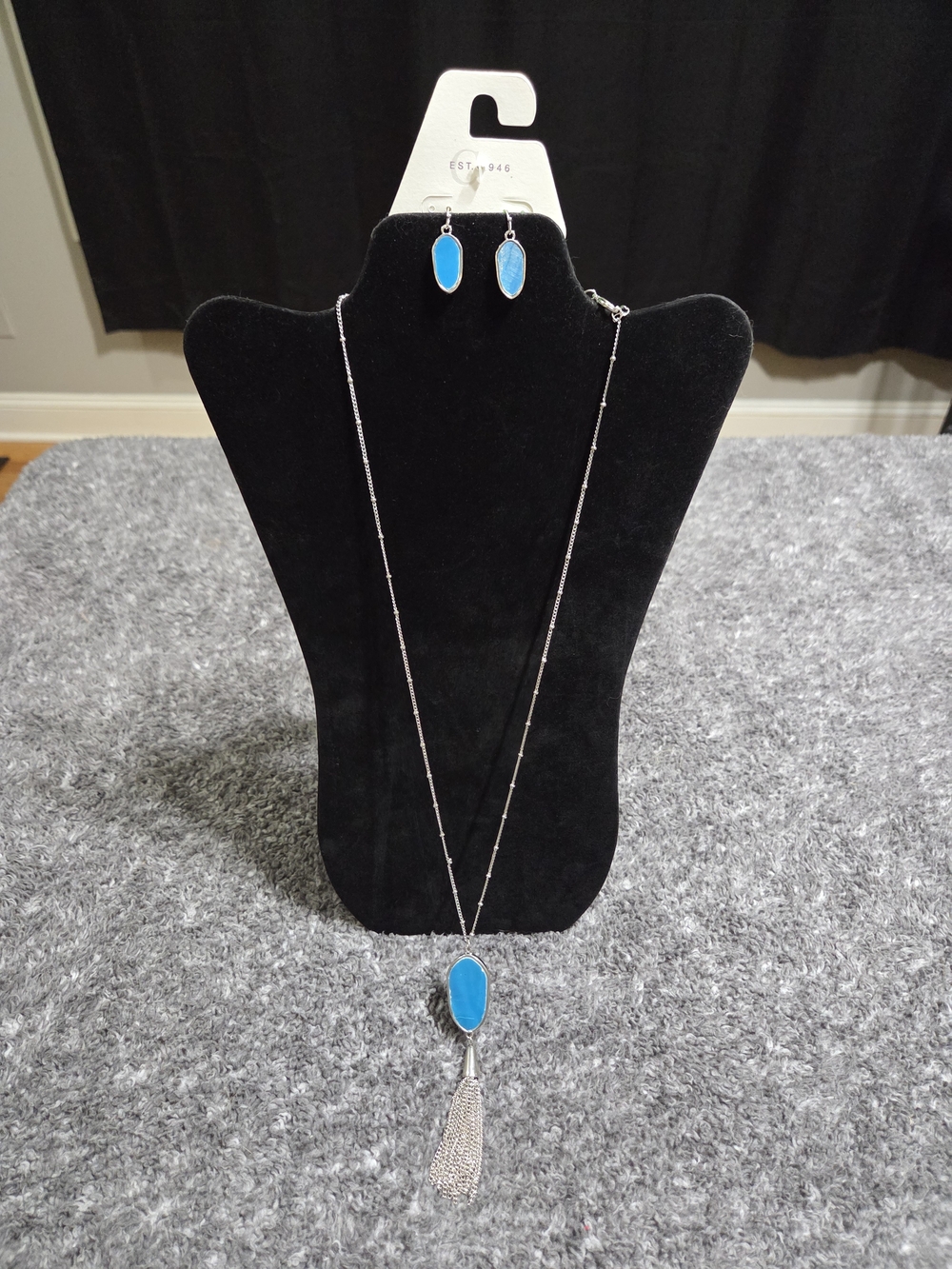 Cato Blue Teardrop Pendant Necklace with Tassel and Matching Earrings